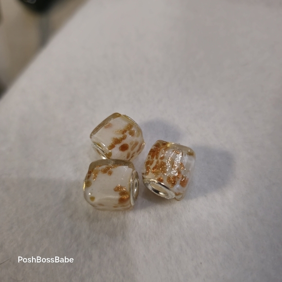 Set of 3 White Gold Murano Glass Square European Beads 925 Sterling Silver Core - Picture 2 of 7